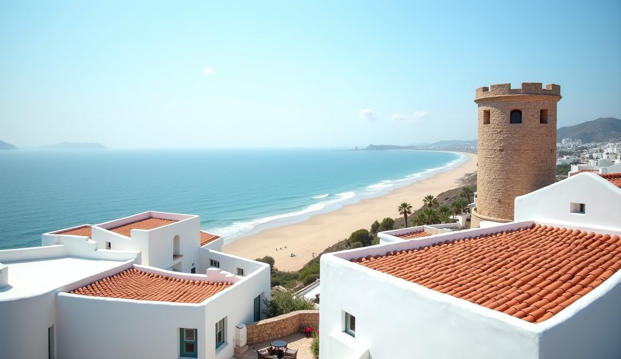 Vista del casco antiguo de Conil de la Frontera con casas blancas y la Torre de Guzmán sobre el Atlántico
