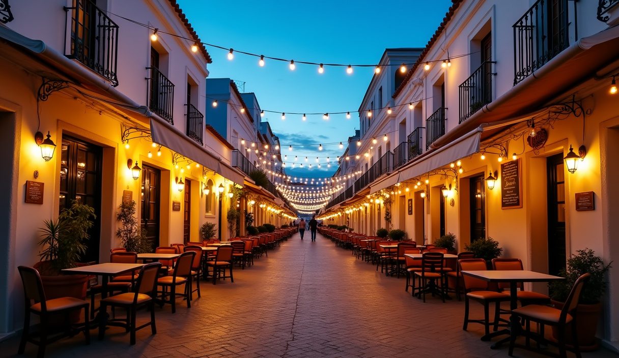 Calle de bares iluminada al anochecer en Conil de la Frontera