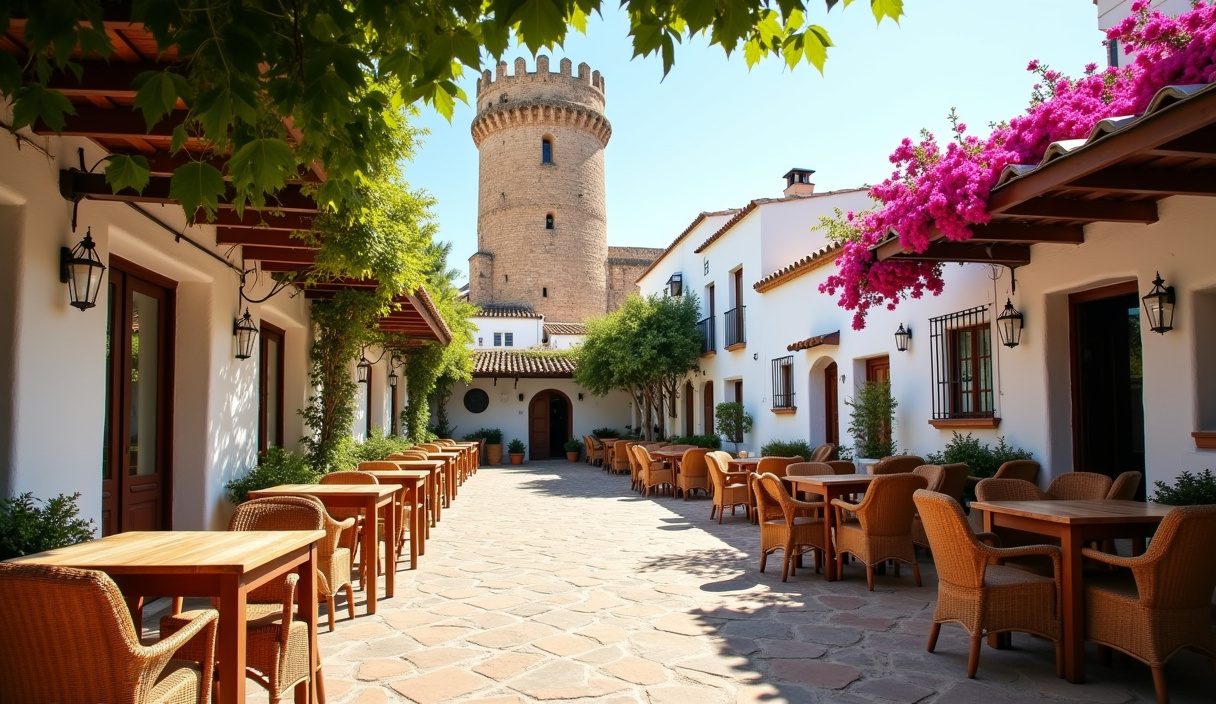 Terraza con mesas de madera junto a la Torre de Guzmán en el casco histórico de Conil de la Frontera al atardecer
