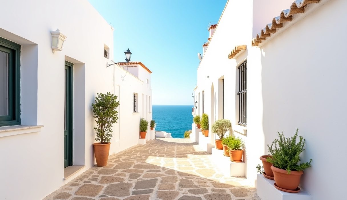 Calle empedrada del casco antiguo de Conil de la Frontera con casas blancas y macetas